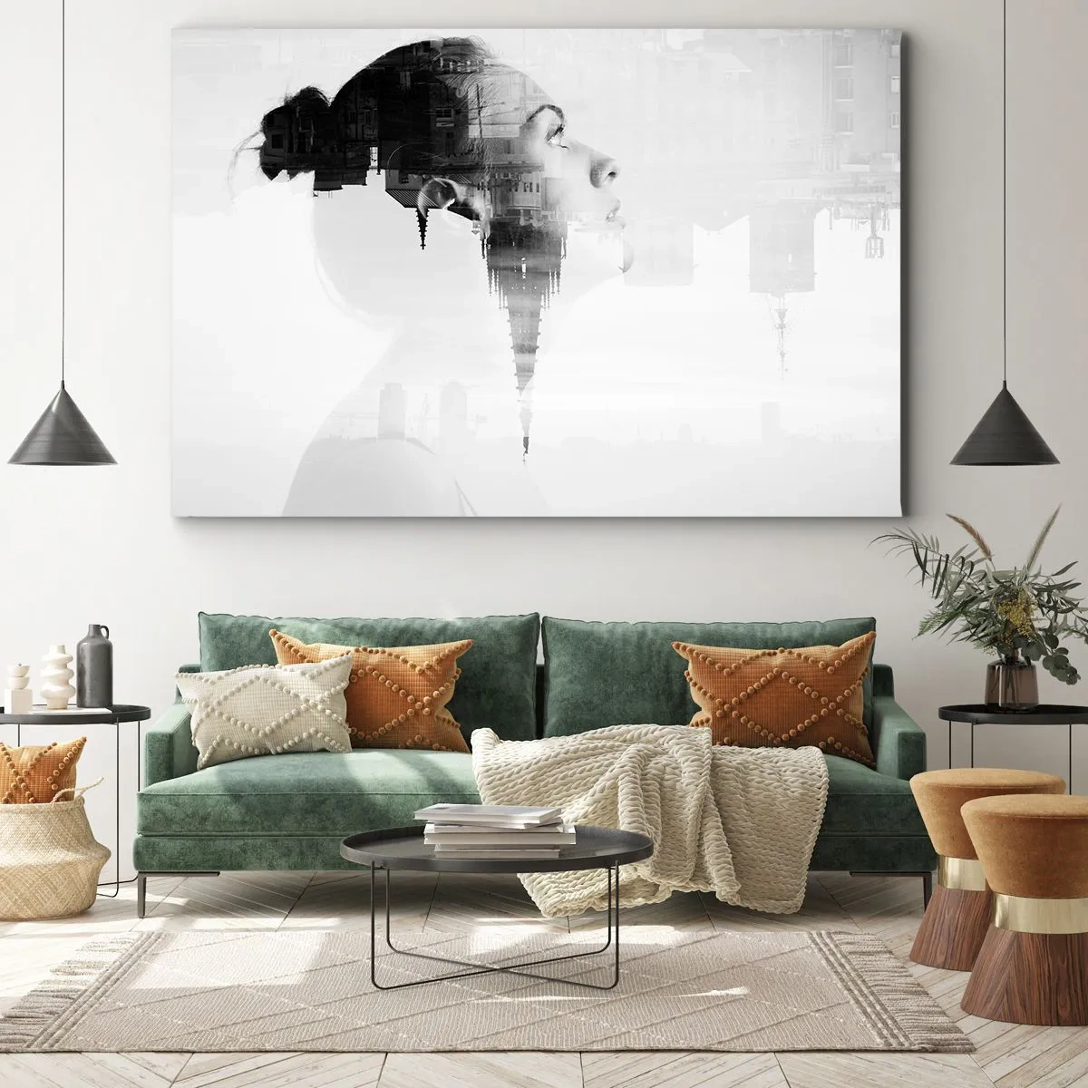 Impression sur toile - Image sur toile - Portrait d'une femme avec le contour d'une ville en arrière-plan, couleurs noir et blanc - 120x80cm - Des deux côtés du verre - Décoration murale moderne pour le salon et la chambre ARTTOR