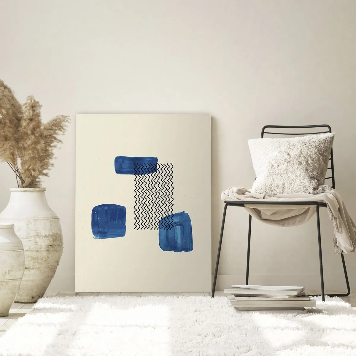 Impression sur verre - Image sur verre - Composition abstraite avec des taches bleues et des lignes ondulées - 80x120cm - Quatuor abstrait - Décoration murale moderne pour le salon et la chambre ARTTOR