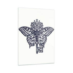 Impression sur verre - Image sur verre - Illustration d'un papillon avec une clé au centre - 50x70cm - Tous les secrets du coeur - Décoration murale moderne pour le salon et la chambre ARTTOR