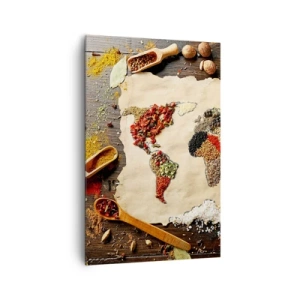 Impression sur toile - Image sur toile - Une carte du monde faite d'épices sur un fond en bois. - 80x120cm - Toutes les saveurs du monde - Décoration murale moderne pour le salon et la chambre ARTTOR