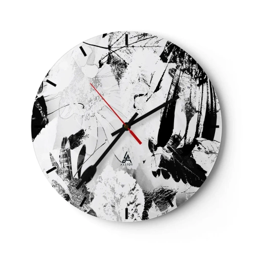 Horloge murale - Pendule murale - Motif floral et de feuilles noir et blanc dans un style artistique - 30x30cm - Automne en négatif - Décoration murale moderne pour le salon, la cuisine et la chambre ARTTOR