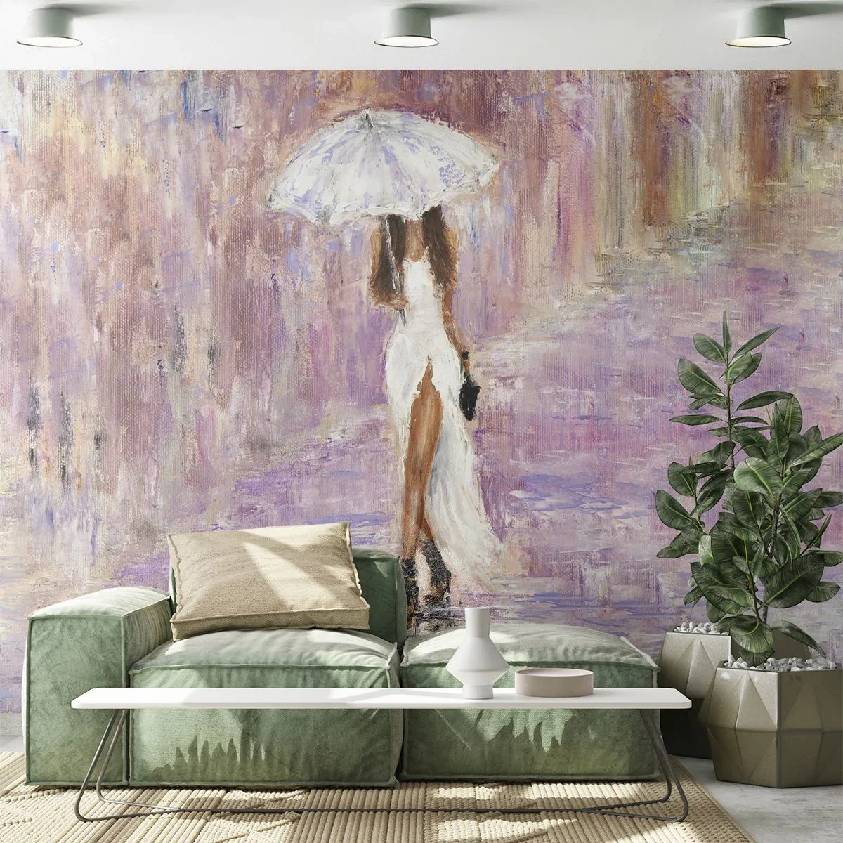 Papier Peint Photo Standard Eco - Sous la pluie lilas - Femme, Mode, Marcher sous la pluie - 250x175 cm