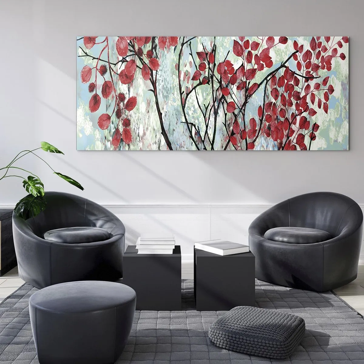 Impression sur verre - Image sur verre - Feuilles rouges sur un ciel lumineux avec des motifs abstraits - 120x50cm - Arbre en écarlate - Décoration murale moderne pour le salon et la chambre ARTTOR