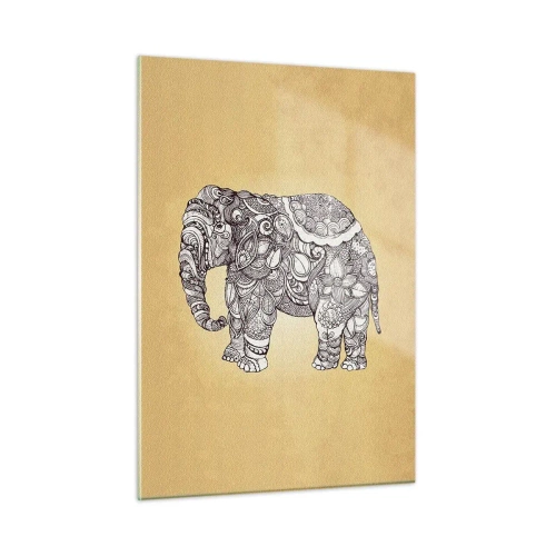 Impression sur verre - Image sur verre - Éléphant noir et blanc avec des motifs orientaux sur fond beige - 50x70cm - L'éléphant s'est apprêté - Décoration murale moderne pour le salon et la chambre ARTTOR
