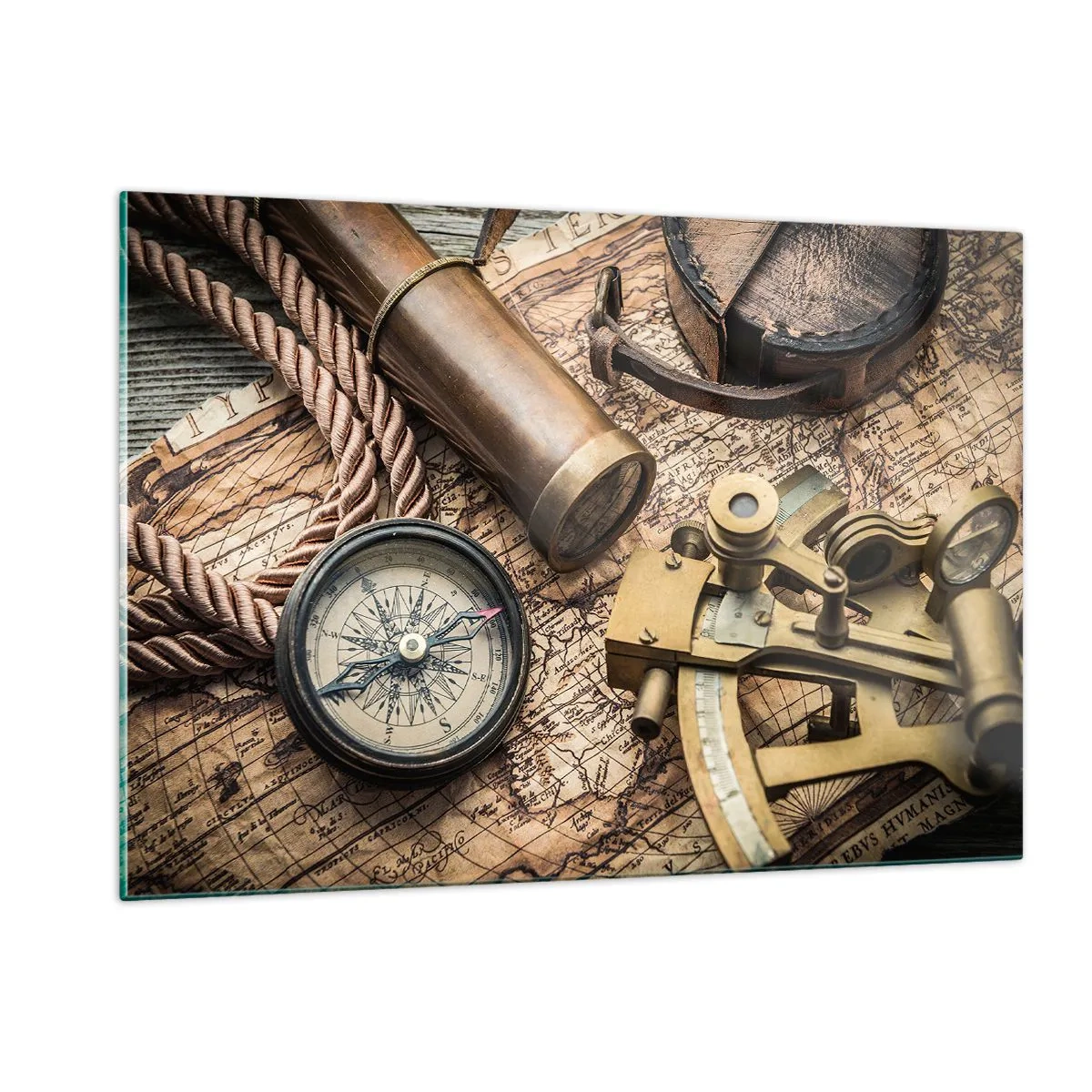 Impression sur verre - Image sur verre - Boussole, carte et aides à la navigation de style rétro - 120x80cm - Fixer un cap - Décoration murale moderne pour le salon et la chambre ARTTOR
