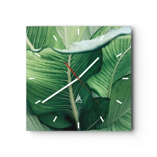 Horloge murale - Pendule murale - Feuilles vertes avec des détails et une structure expressifs - 30x30cm - Une vie intensément verte - Décoration murale moderne pour le salon et la chambre ARTTOR