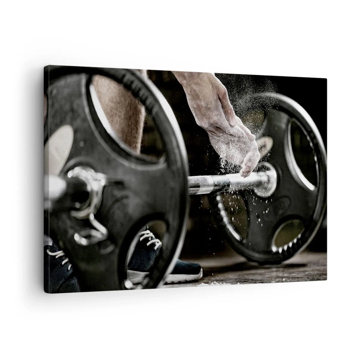 Impression sur toile - Image sur toile - Des haltères et les mains d'un athlète se préparant à l'entraînement - 70x50cm - Défi accepté! - Décoration murale moderne pour le salon et la chambre ARTTOR