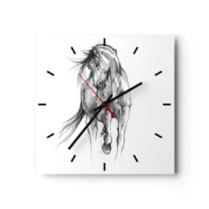 Horloge murale - Pendule murale - Croquis en noir et blanc d'un cheval au galop - 30x30cm - D'un trot gracieux - Décoration murale moderne pour le salon et la chambre ARTTOR