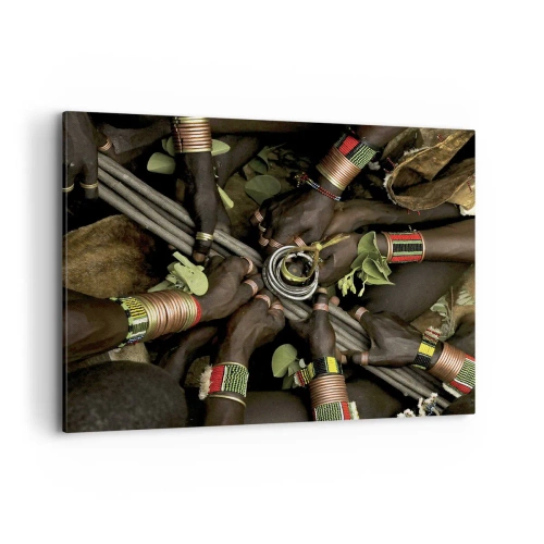 Impression sur toile - Image sur toile - Bracelets de main traditionnels dans un groupe de mains - 100x70cm - Nous sommes ensemble - Décoration murale moderne pour le salon et la chambre ARTTOR