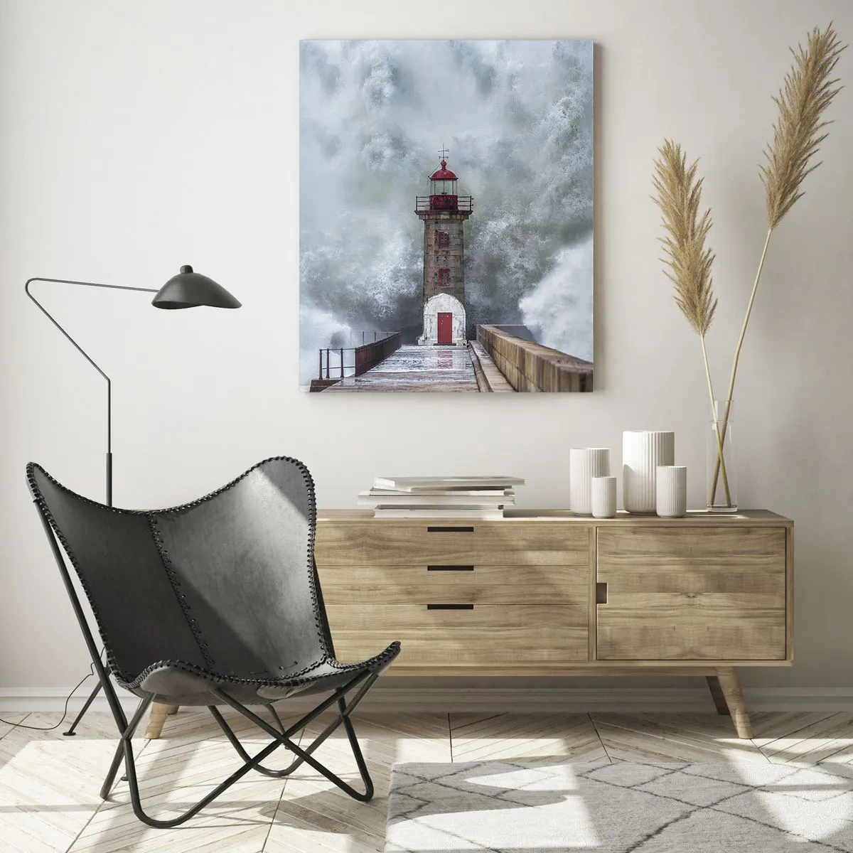 Impression sur verre - Image sur verre - Un phare est frappé par une puissante vague. - 50x70cm - Le rugissement des eaux, le bruit soufflera - Décoration murale moderne pour le salon et la chambre ARTTOR