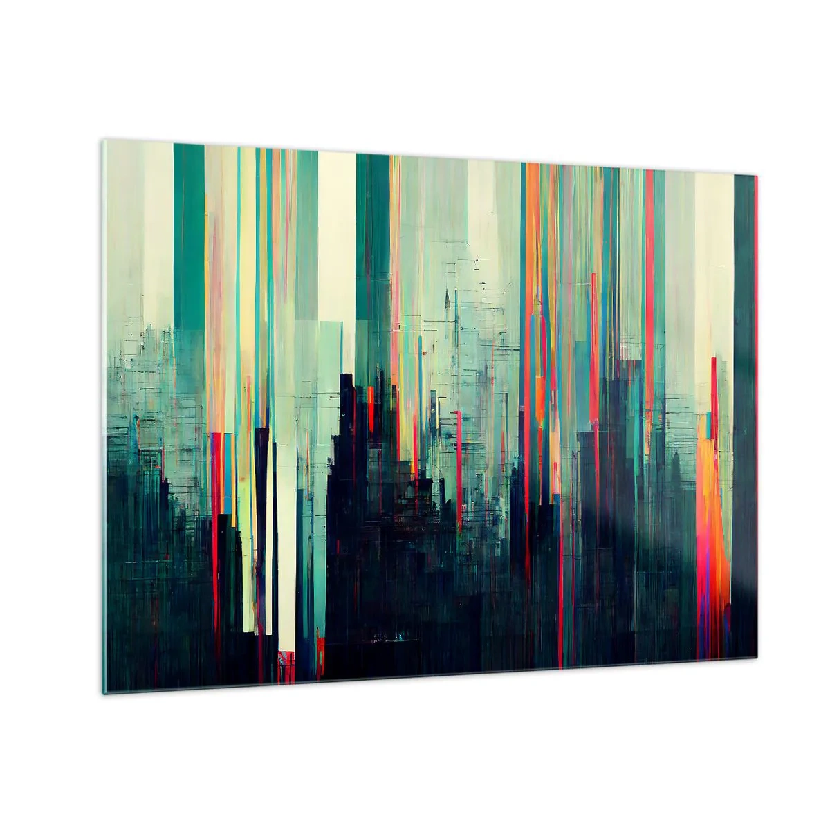 Impression sur verre - Image sur verre - Des lignes verticales colorées forment le contour d’une métropole futuriste. - 70x50cm - Ville futuriste - Décoration murale moderne pour le salon et la chambre ARTTOR