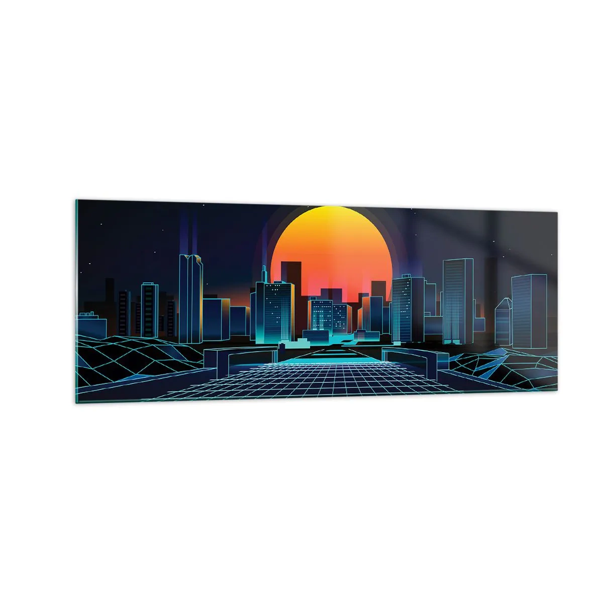 Impression sur verre - Image sur verre - Horizon urbain futuriste de style néon - 140x50cm - Vous voulez toujours passer au réel ? - Décoration murale moderne pour le salon et la chambre ARTTOR
