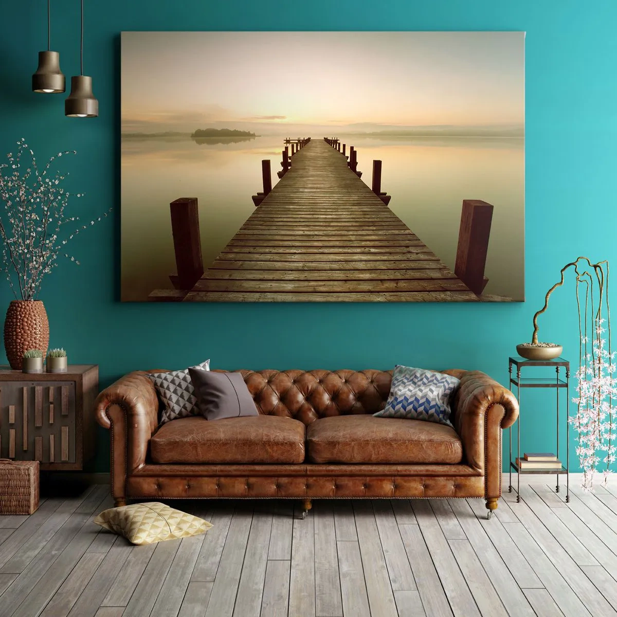 Impression sur toile - Image sur toile - Une jetée en bois sur un lac calme le matin - 120x80cm - L'aube, les premières lueurs, le jour  - Décoration murale moderne pour le salon et la chambre ARTTOR