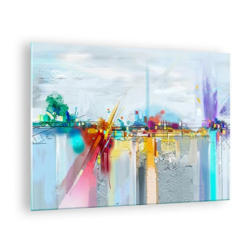 Impression sur verre - Image sur verre - Pont abstrait aux couleurs vives sur une rivière avec un fond pastel - 70x50cm - Pont de joie sur le fleuve de la vie - Décoration murale moderne pour le salon et la chambre ARTTOR