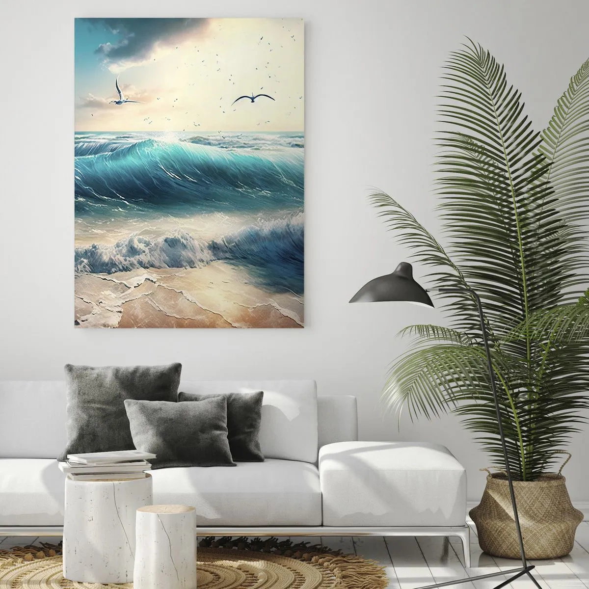 Impression sur verre - Image sur verre - Vagues de la mer sur la plage sous un ciel bleu avec des mouettes - 80x120cm - Ça bourdonne seulement pour toi - Décoration murale moderne pour le salon et la chambre ARTTOR