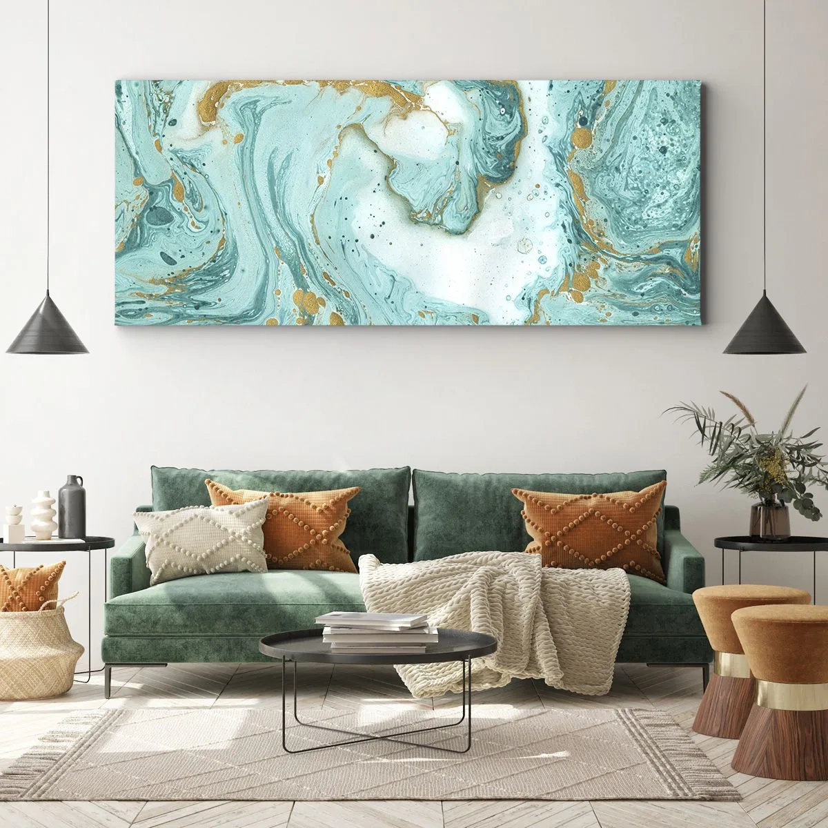 Impression sur toile - Image sur toile - Marbre turquoise avec des accents dorés dans une composition abstraite - 120x50cm - Sous la grande vague de l'ère Edo - Décoration murale moderne pour le salon et la chambre ARTTOR