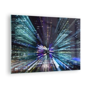 Impression sur verre - Image sur verre - Lignes lumineuses dynamiques sur fond de ville nocturne - 70x50cm - Transition vers l'hyperespace - Décoration murale moderne pour le salon et la chambre ARTTOR