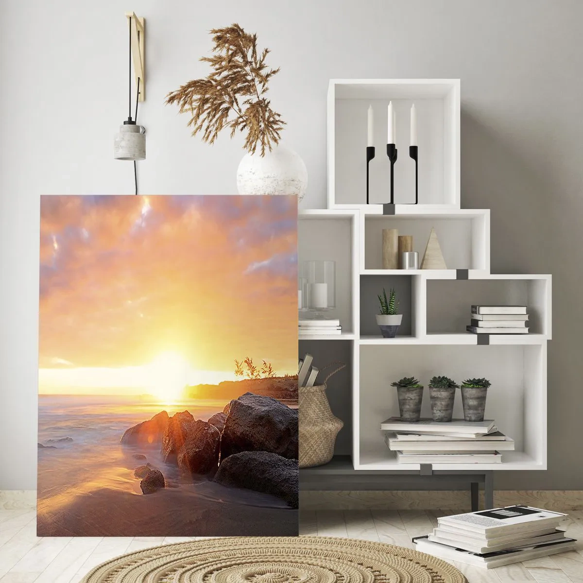 Impression sur verre - Image sur verre - Coucher de soleil sur la côte rocheuse - 80x120cm - Brise lumineuse du soir - Décoration murale moderne pour le salon et la chambre ARTTOR