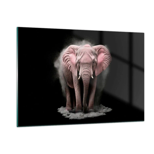 Impression sur verre - Image sur verre - Un éléphant rose sur fond noir entouré d'un nuage de poussière. - 120x80cm - Ne pensez pas à un éléphant rose ! - Décoration murale moderne pour le salon et la chambre ARTTOR