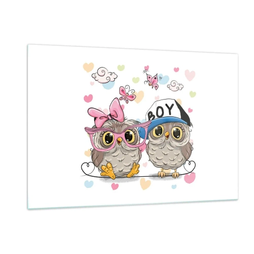 Impression sur verre - Image sur verre - Une paire de hiboux joyeux dans une composition pastel - 120x80cm - On s'aime! - Décoration murale moderne pour le salon et la chambre ARTTOR