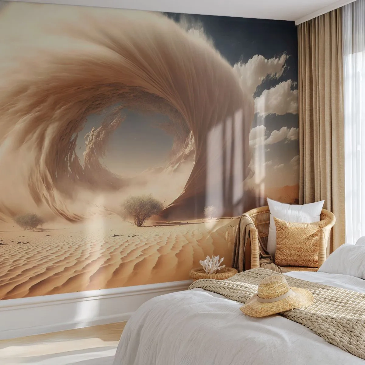 Papier Peint Photo Premium Canvas - Tourbillon de sable dynamique dans un désert avec des arbres - 100x70cm - Portail ouvert - Décoration murale moderne pour le salon et la chambre ARTTOR