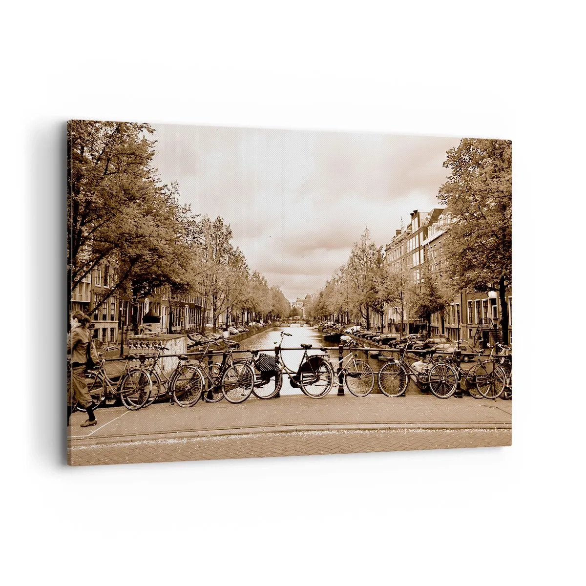 Impression sur toile - Image sur toile - Pont cyclable sur le canal en sépia - 120x80cm - Ambiance hollandaise - Décoration murale moderne pour le salon et la chambre ARTTOR