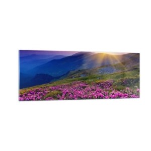 Impression sur verre - Image sur verre - Une prairie fleurie avec vue sur les montagnes au coucher du soleil - 140x50cm - … Et autour, ça sent le pin des montagnes et l'odeur de la prairie - Décoration murale moderne pour le salon et la chambre ARTTOR