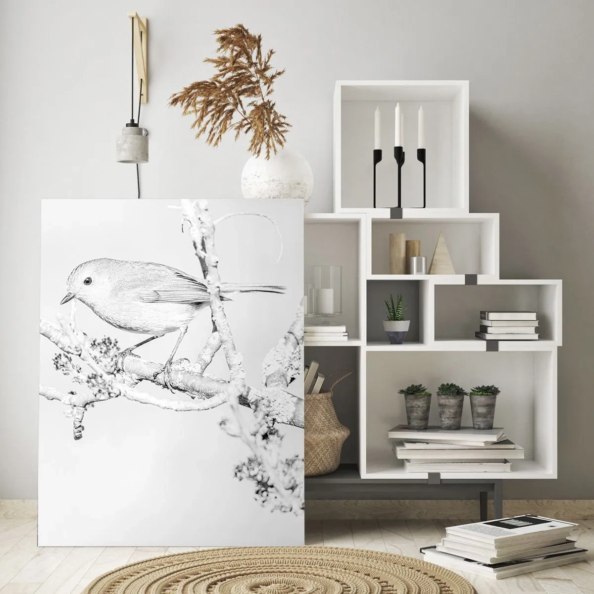 Impression sur verre - Image sur verre - Un oiseau perché sur une branche dans une scène hivernale monochrome. - 50x70cm - Matin d'hiver - Décoration murale moderne pour le salon et la chambre ARTTOR