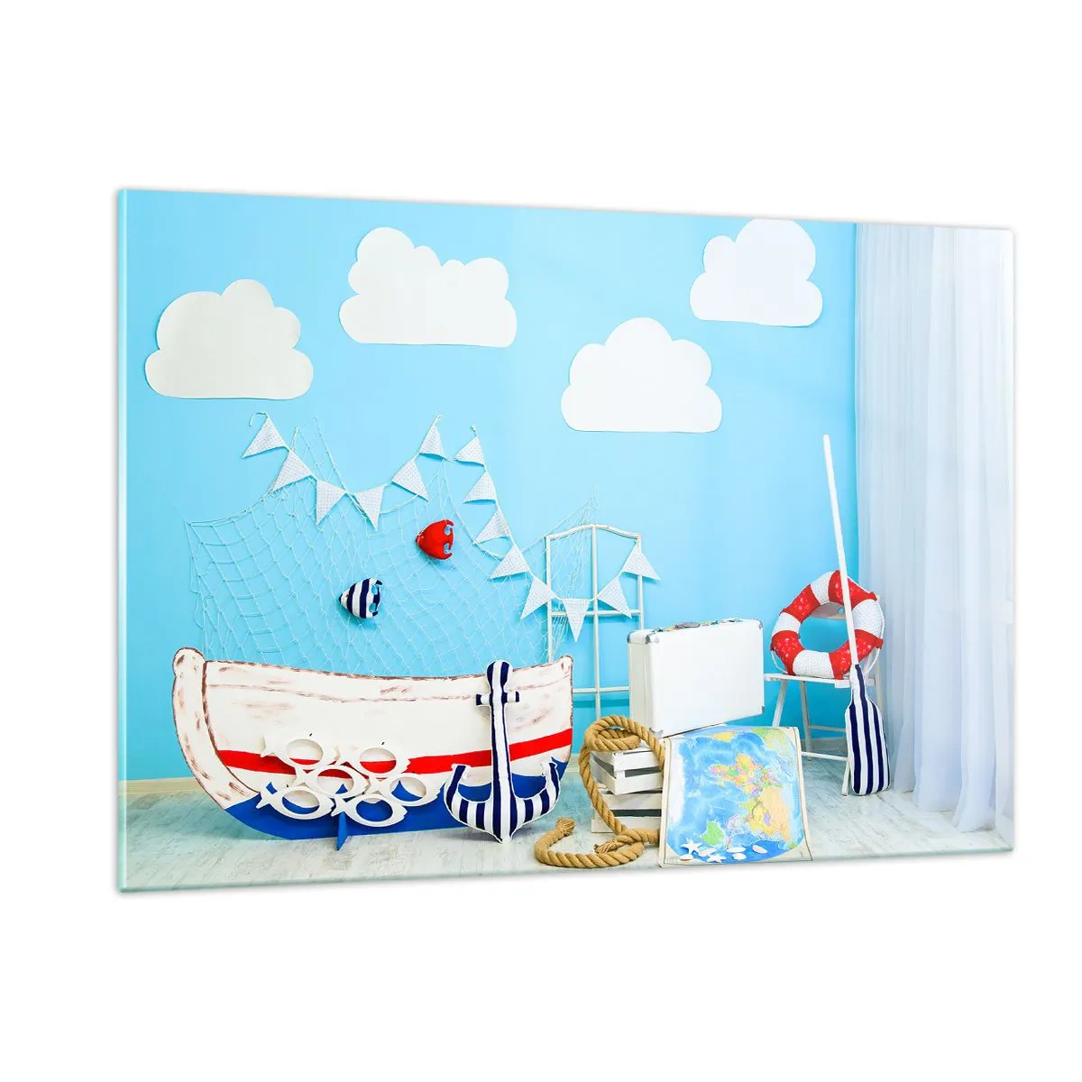 Impression sur verre - Image sur verre - Scène marine décorative avec un bateau et des accessoires nautiques - 120x80cm - Nostalgie infantile de l'aventure - Décoration murale moderne pour le salon et la chambre ARTTOR