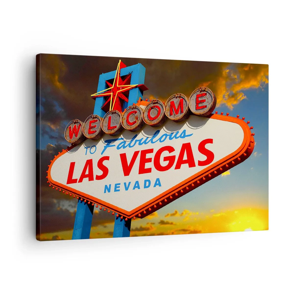 Impression sur toile - Image sur toile - Le célèbre panneau Welcome to Fabulous Las Vegas au coucher du soleil - 70x50cm - Après un sourire du destin - Décoration murale moderne pour le salon et la chambre ARTTOR