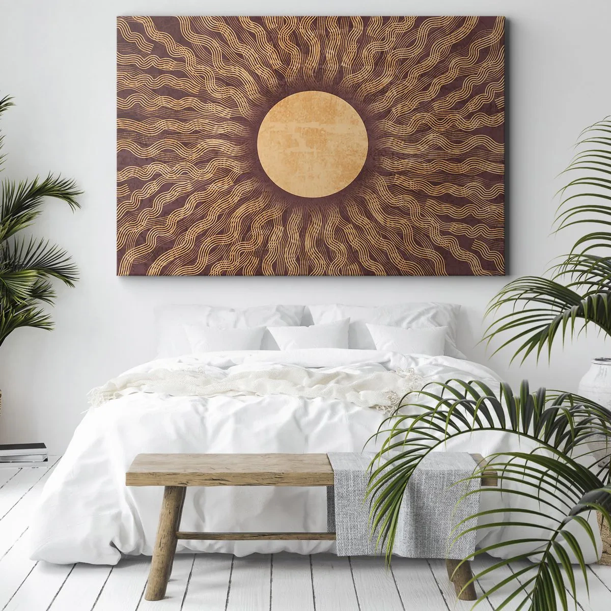 Impression sur toile - Image sur toile - Motif ensoleillé avec des rayons sur un fond dans les tons marron - 120x80cm - Icône du soleil - Décoration murale moderne pour le salon et la chambre ARTTOR