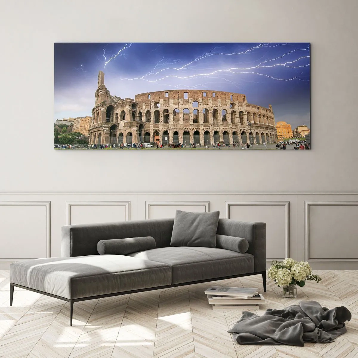 Impression sur verre - Image sur verre - Le Colisée de Rome illuminé par la foudre - 140x50cm - Arène de combat - Décoration murale moderne pour le salon et la chambre ARTTOR