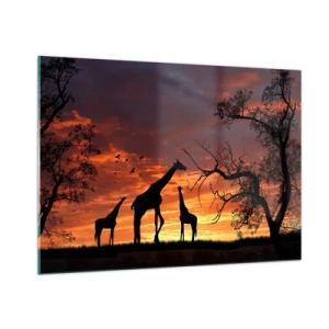 Impression sur verre - Image sur verre - Silhouettes de girafes sur fond de coucher de soleil dans un paysage africain - 100x70cm - Un petit dîner avec vos proches - Décoration murale moderne pour le salon et la chambre ARTTOR