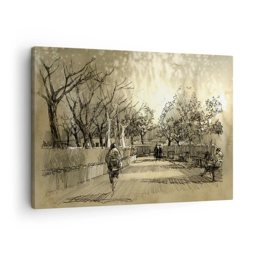 Impression sur toile - Image sur toile - Une scène de dessin animé d'un parc avec des gens marchant dans des tons chauds. - 70x50cm - Un moment arrêté avec une plume - Décoration murale moderne pour le salon et la chambre ARTTOR