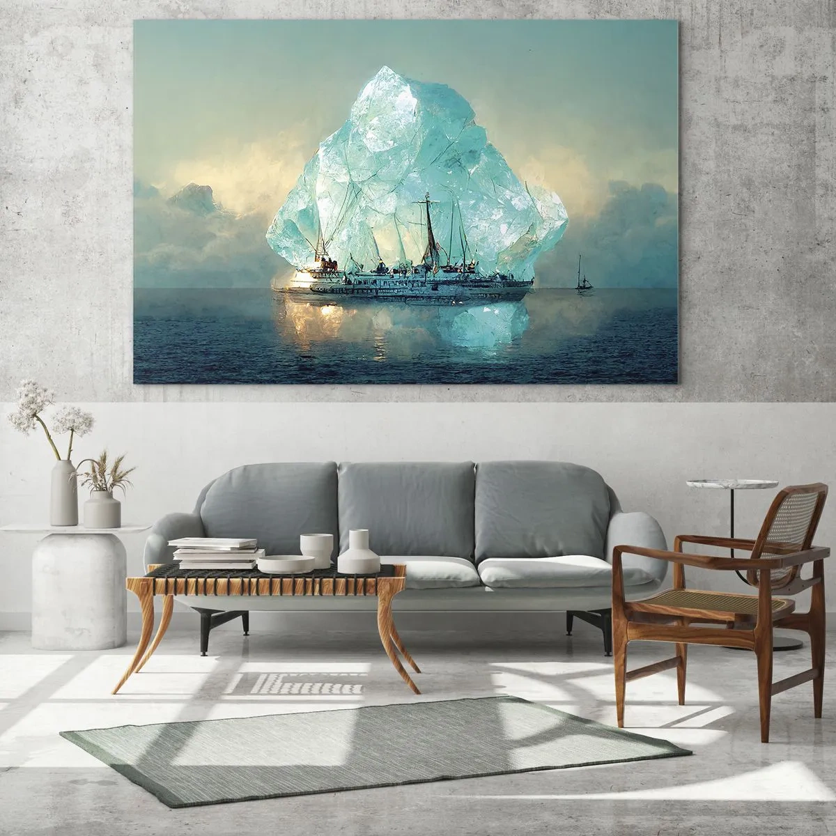 Impression sur verre - Image sur verre - Un voilier devant un immense glacier dans la lumière arctique. - 120x80cm - Diamant arctique - Décoration murale moderne pour le salon et la chambre ARTTOR