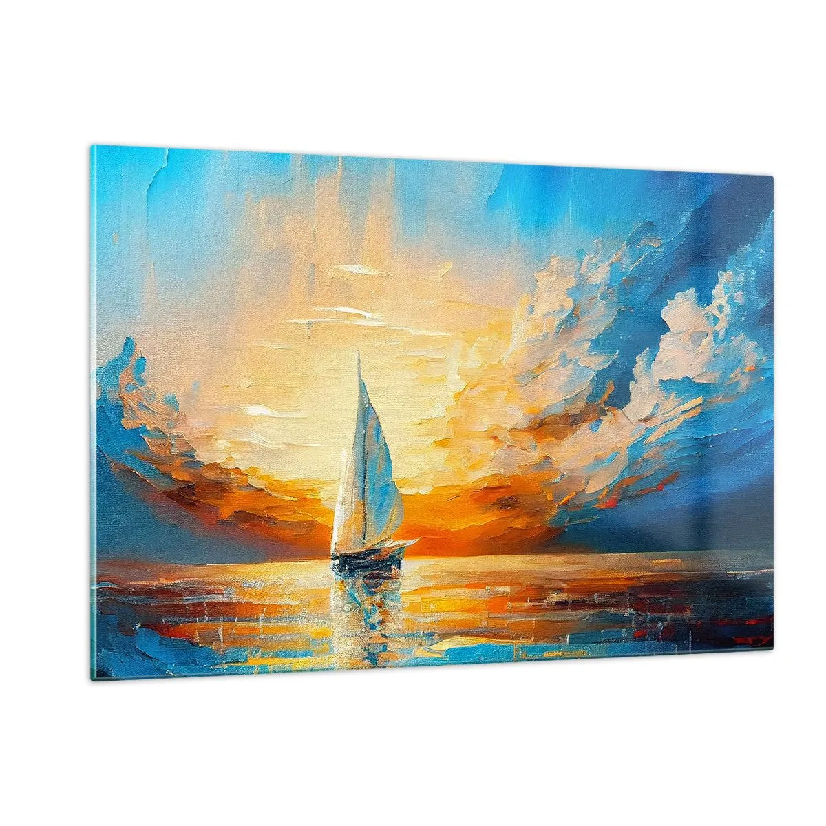 Impression sur verre - Image sur verre - Un voilier en mer à la lumière du soleil couchant - 120x80cm - Expédition en or - Décoration murale moderne pour le salon et la chambre ARTTOR