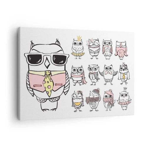 Impression sur toile - Image sur toile - Des hiboux dans différents styles et vêtements - 70x50cm - Tant de rôles à jouer - Décoration murale moderne pour le salon et la chambre ARTTOR