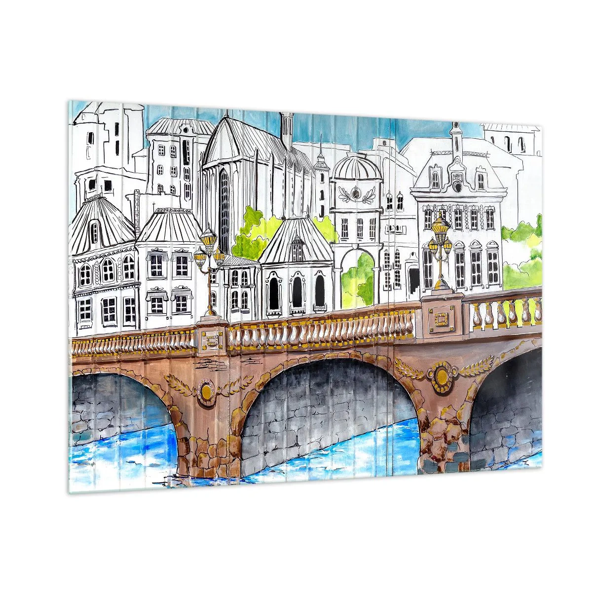 Impression sur verre - Image sur verre - Le pont et l'architecture urbaine sous forme d'esquisse à l'aquarelle - 100x70cm - Une ville comme peinte - Décoration murale moderne pour le salon et la chambre ARTTOR