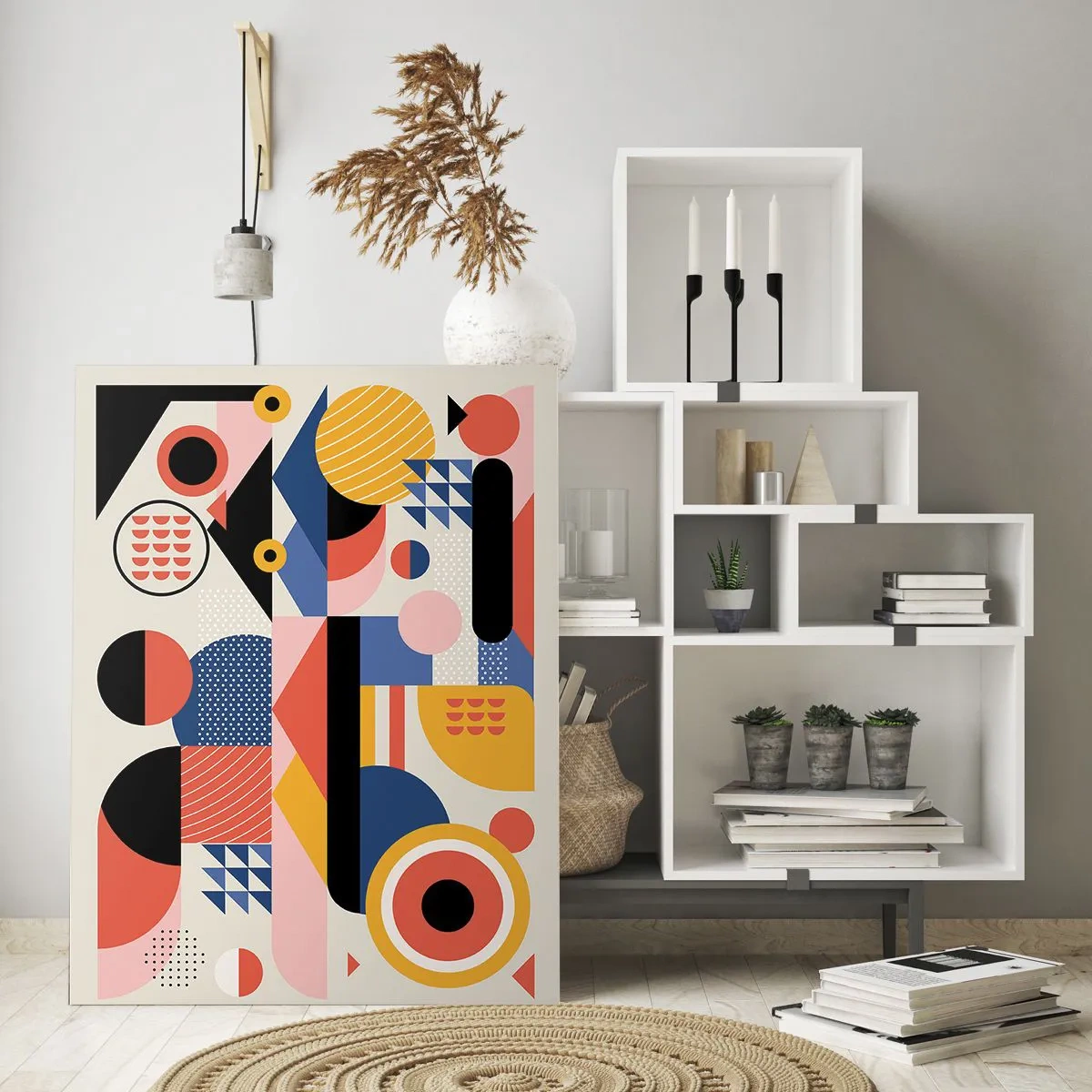 Impression sur verre - Image sur verre - Abstraction géométrique colorée avec des cercles et des triangles - 50x70cm - Composition : jouer - Décoration murale moderne pour le salon et la chambre ARTTOR