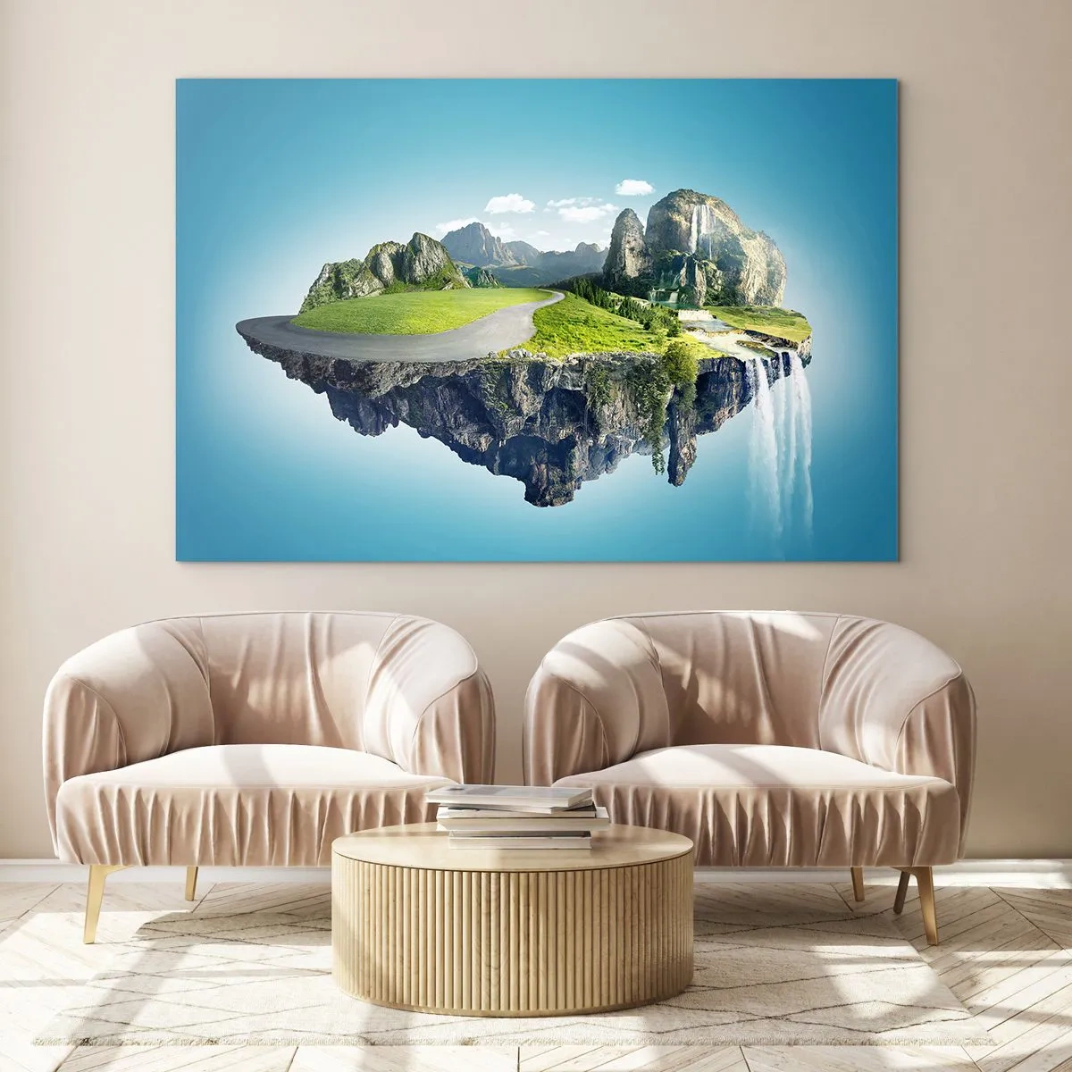 Impression sur verre - Image sur verre - Une île flottante avec des montagnes, une cascade et de la verdure - 100x70cm - Île fantastique - Décoration murale moderne pour le salon et la chambre ARTTOR