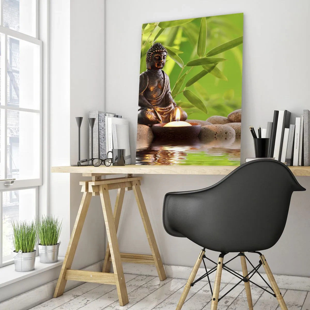 Impression sur verre - Image sur verre - Une figure de Bouddha avec une bougie allumée dans un cadre verdoyant - 50x70cm - La vie est belle - Décoration murale moderne pour le salon et la chambre ARTTOR