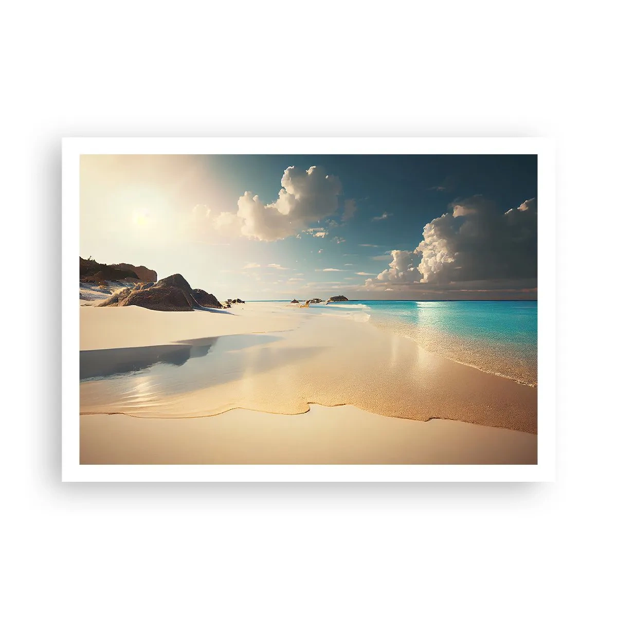 Affiche - Poster - Une plage ensoleillée avec une mer bleue et des rochers - 100x70cm - Une journée de rêve - Décoration murale moderne pour le salon et la chambre ARTTOR