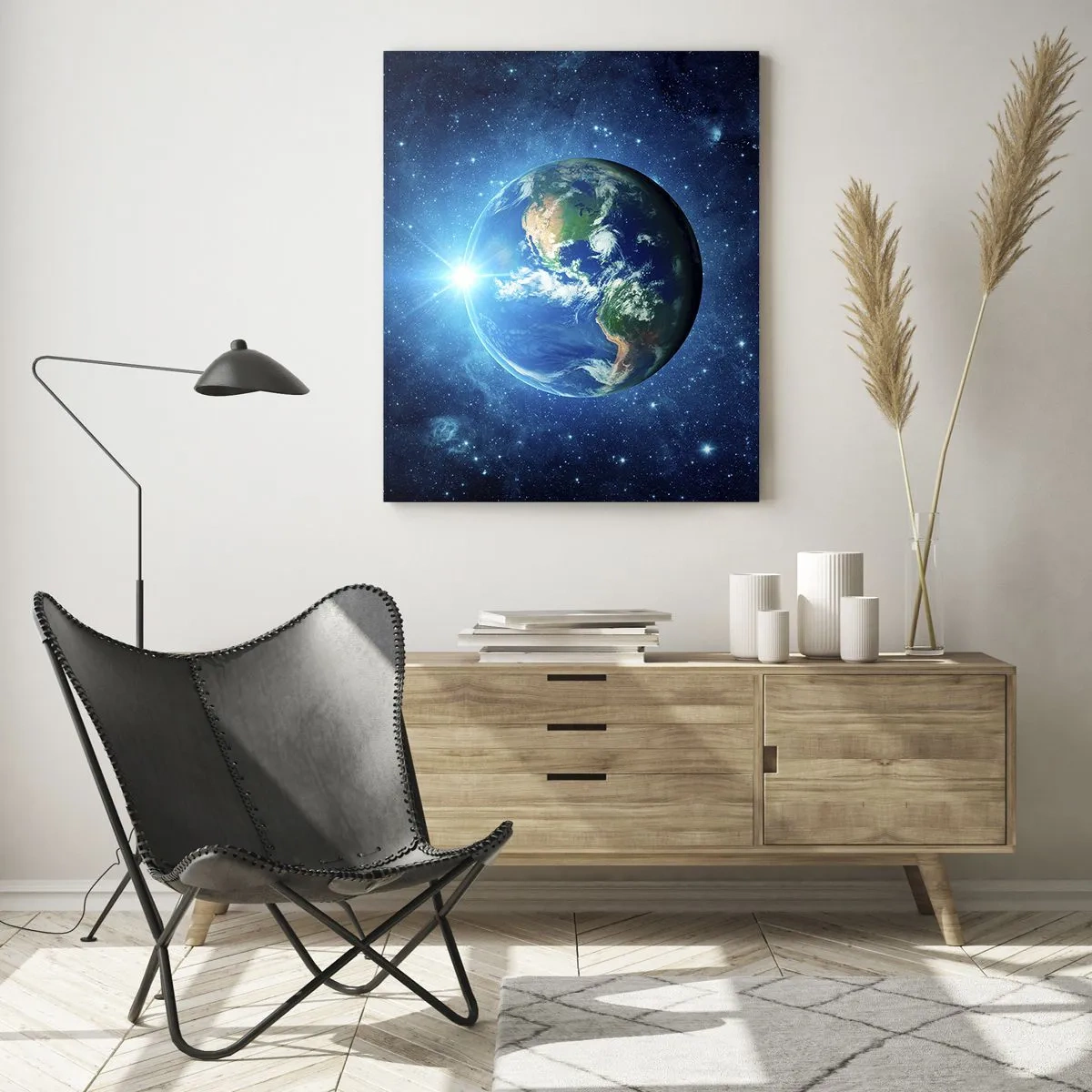 Impression sur verre - Image sur verre - La Terre dans l'espace entourée d'étoiles et de lumière - 80x120cm - Nous sommes au paradis - Décoration murale moderne pour le salon et la chambre ARTTOR