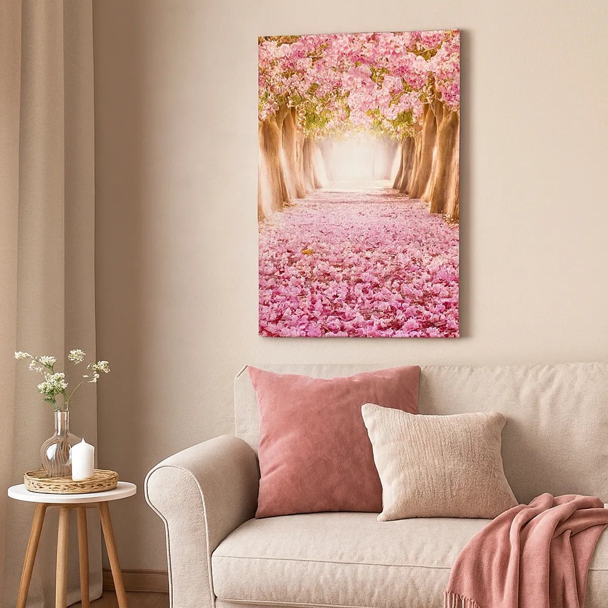 Impression sur toile - Image sur toile - Une avenue d'arbres fleuris aux tons roses - 50x70cm - La route du paradis - Décoration murale moderne pour le salon et la chambre ARTTOR