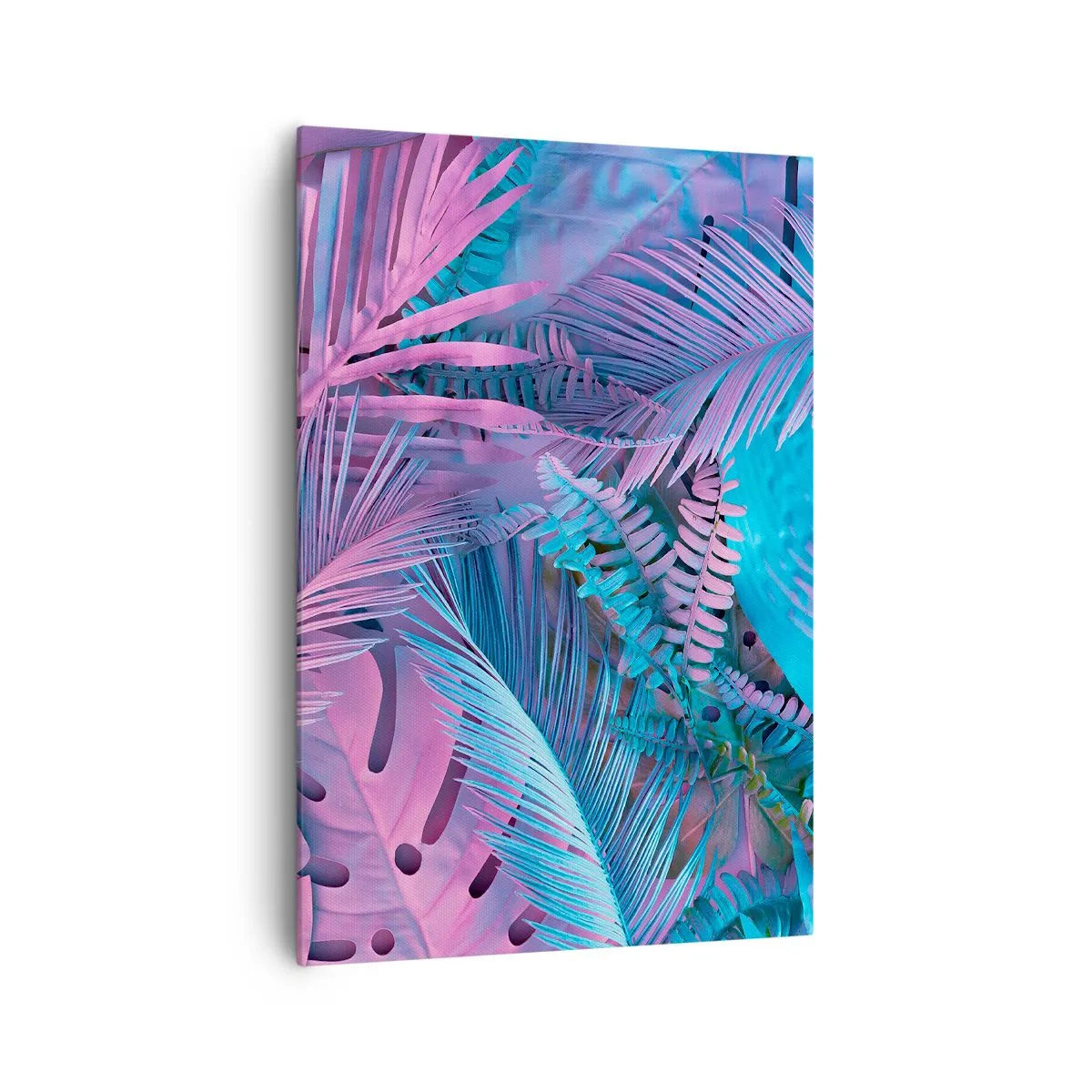 Impression sur toile - Image sur toile - Feuilles tropicales dans les tons de rose et de bleu - 70x100cm - Les tropiques en rose et bleu - Décoration murale moderne pour le salon et la chambre ARTTOR