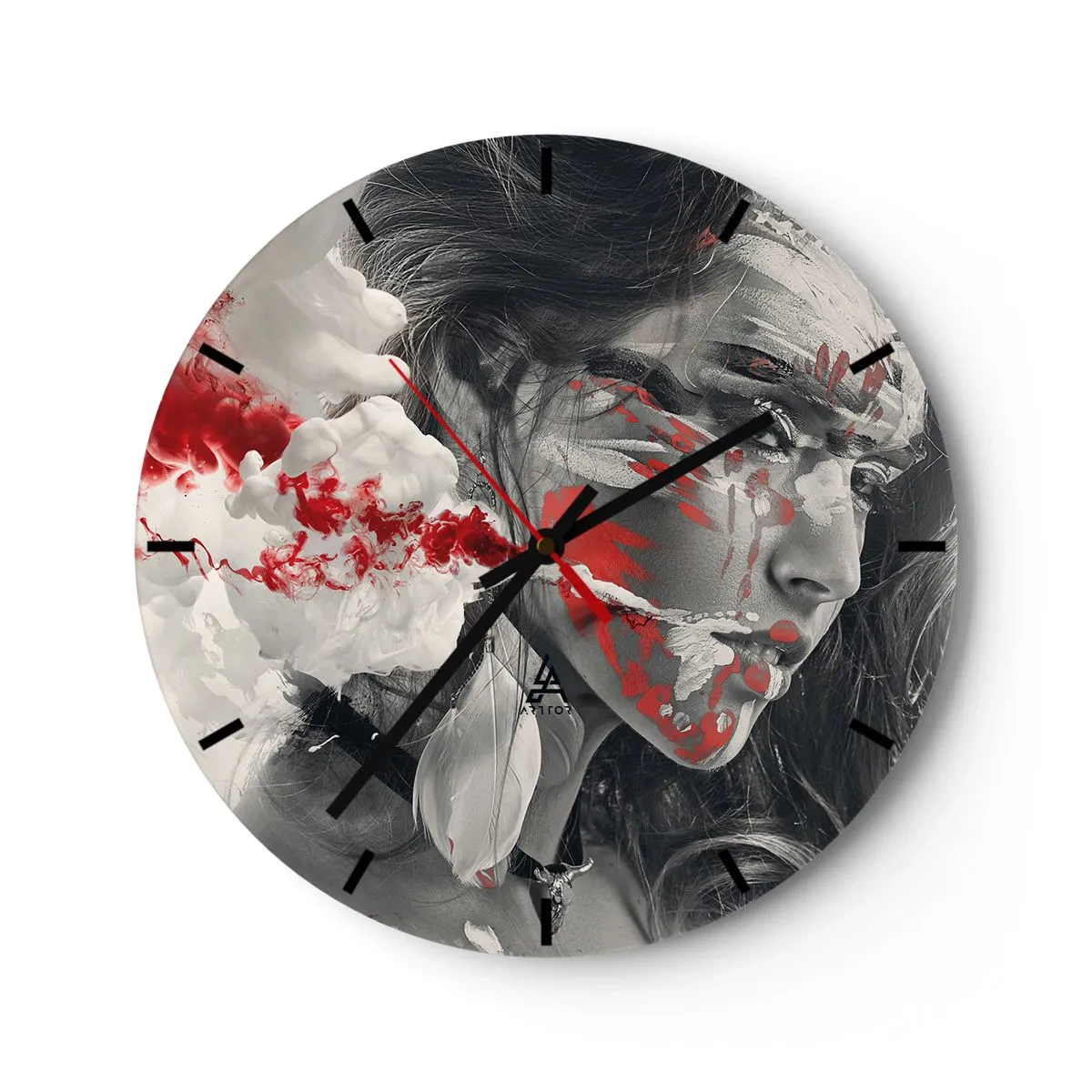 Horloge murale - Pendule murale - Un visage de femme avec des accents abstraits rouges et blancs - 30x30cm - Dans les fumées de l'absurde - Décoration murale moderne pour le salon, la cuisine et la chambre ARTTOR