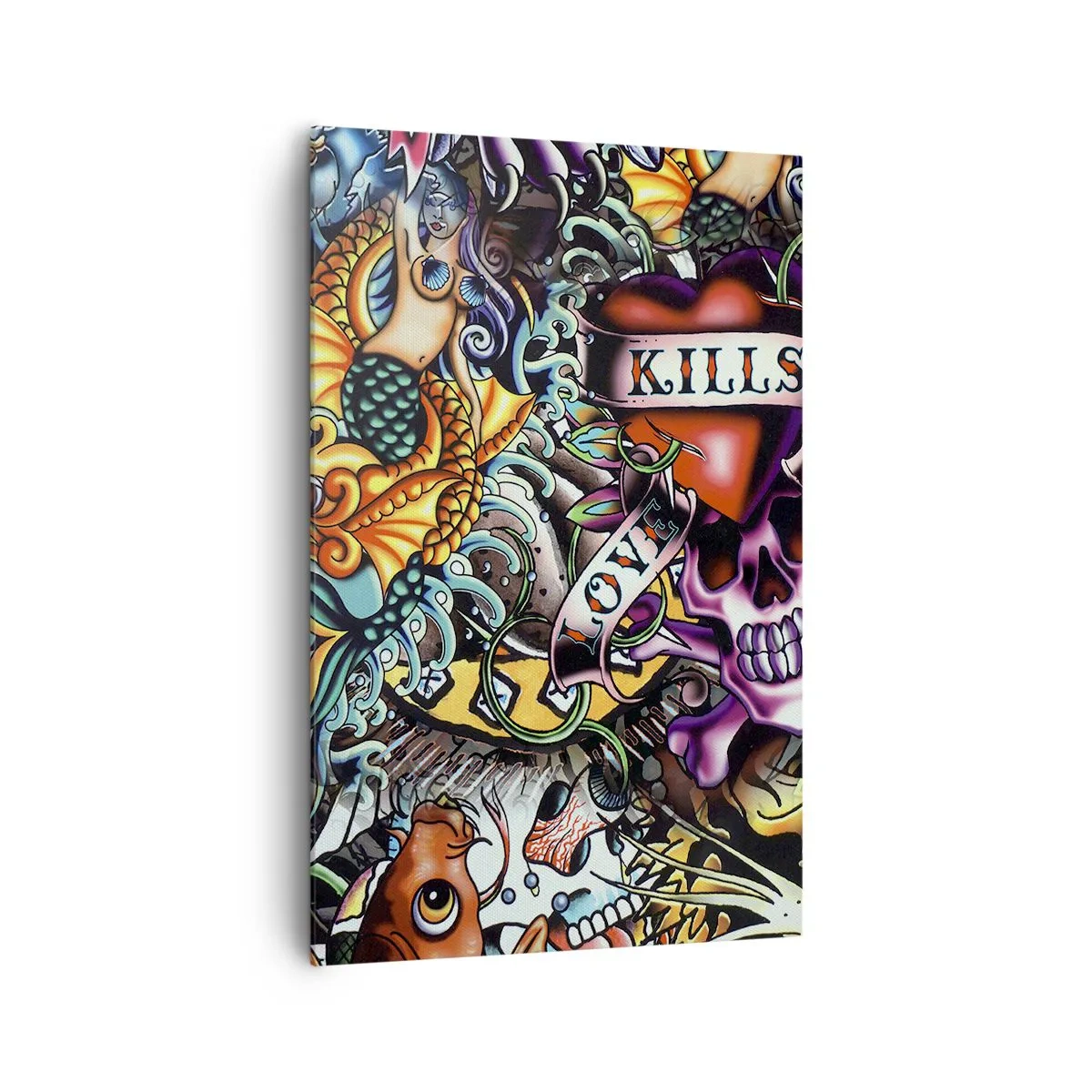 Impression sur toile - Image sur toile - Œuvre d'art colorée de style tatouage avec des crânes et des motifs nautiques - 80x120cm - Le rêve du tatoueur - Décoration murale moderne pour le salon et la chambre ARTTOR