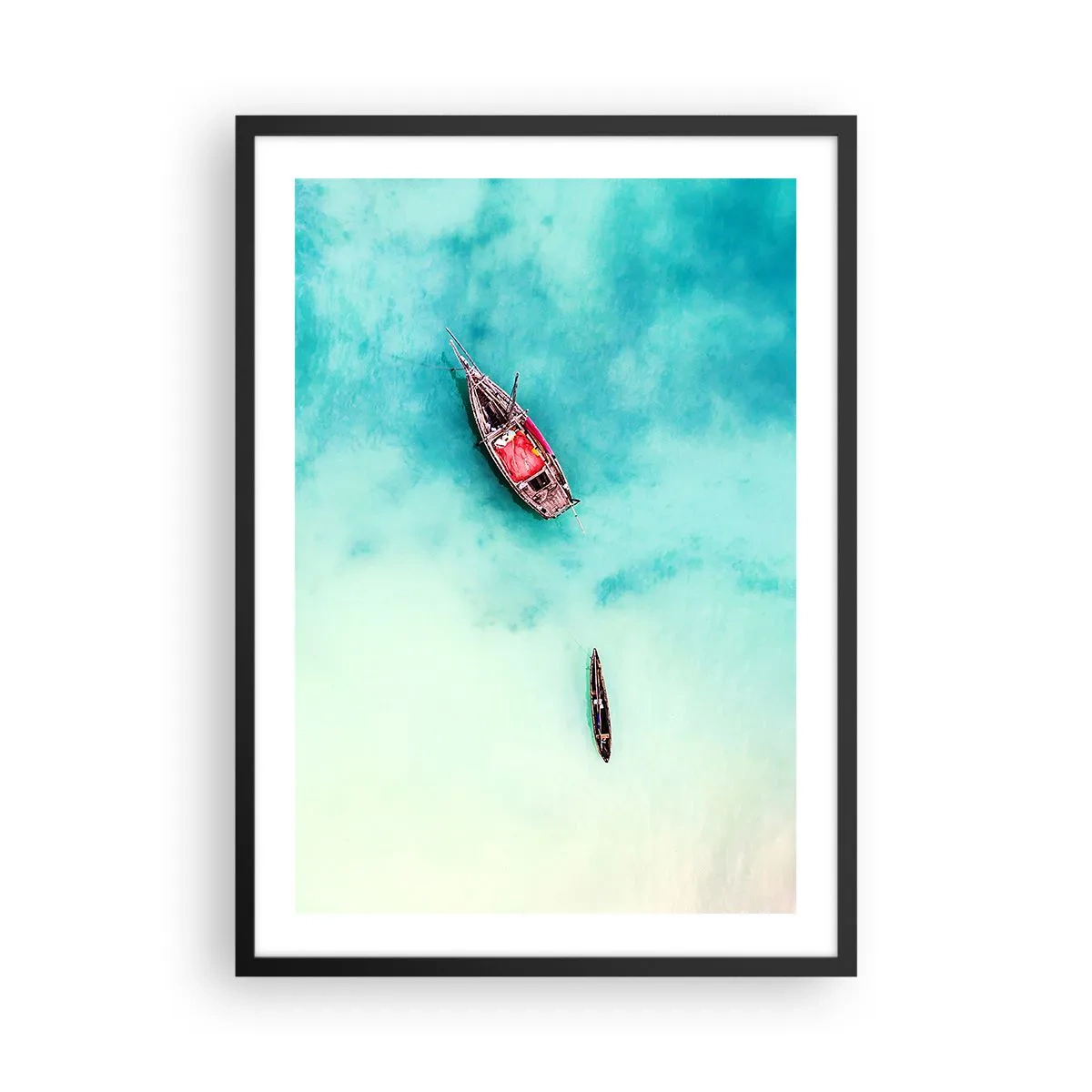 Affiche dans un cadre noir - Poster - Bateaux sur l'eau turquoise vus à vol d'oiseau - 50x70cm - Car sur les plages de Zanzibar, quand il y a un débordement d'eau... - Décoration murale moderne pour le salon et la chambre ARTTOR