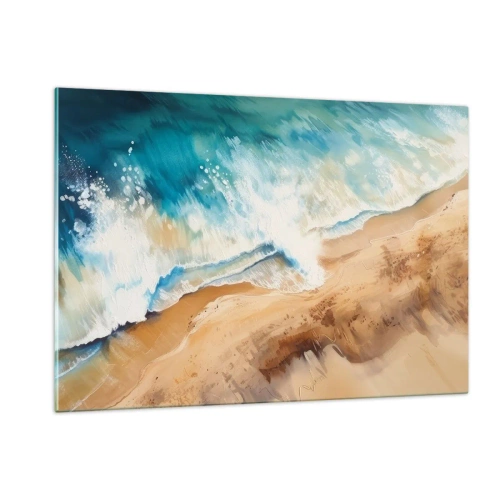 Impression sur verre - Image sur verre - Vue aérienne d'une vague bleue s'écrasant sur un rivage sablonneux - 120x80cm - La vague qui revient - Décoration murale moderne pour le salon et la chambre ARTTOR