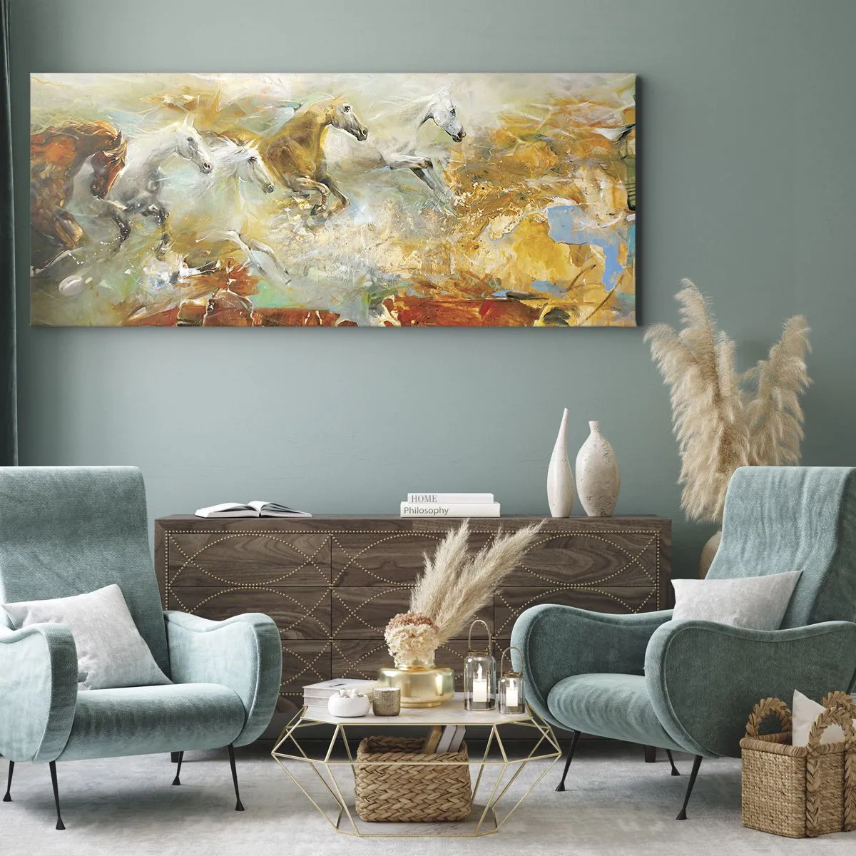Impression sur toile - Image sur toile - Des chevaux artistiques dans un cadre dynamique et coloré - 140x50cm - Au galop vers la lumière - Décoration murale moderne pour le salon et la chambre ARTTOR